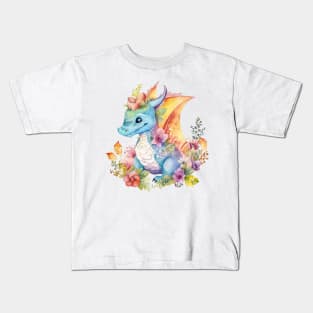 Cute Spring Flower Dragon Watercolor Kids T-Shirt